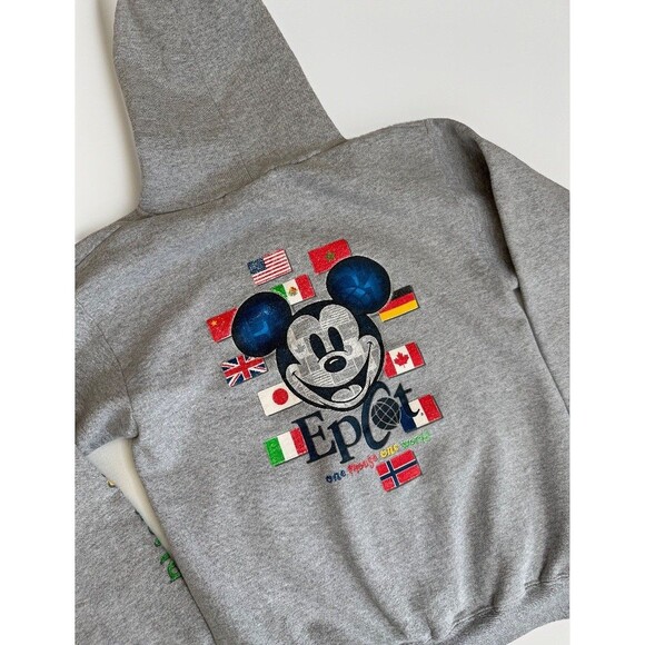 Vtg Disney Epcot One Mouse One World Grey Zip Up Hoodie Sweatshirt Size Small - Picture 1 of 8